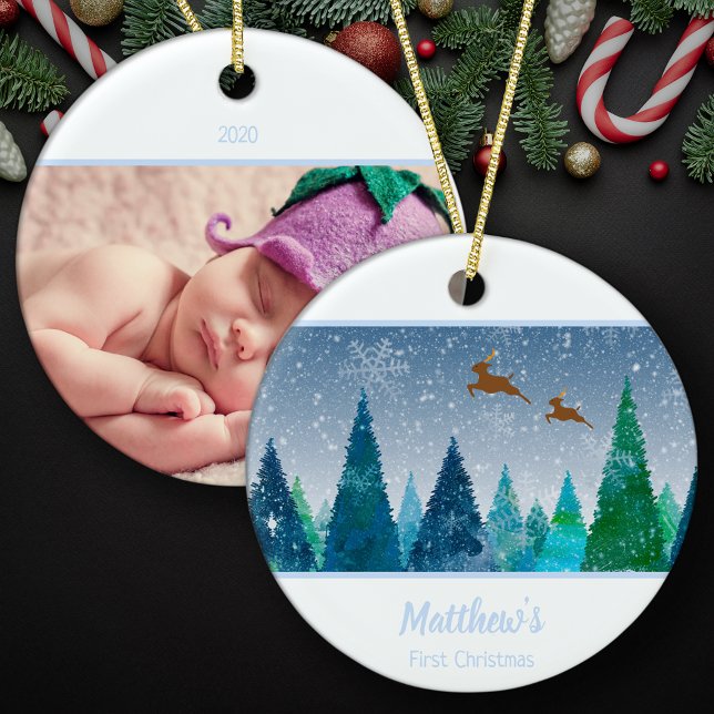 Baby Boy First Christmas Snowflake Photo Ceramic Ornament (Creator Uploaded)