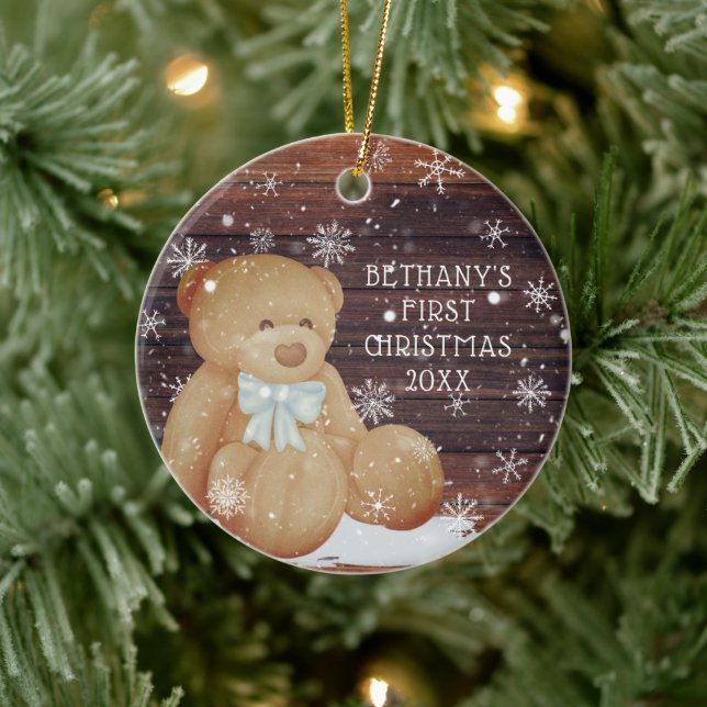 Baby Boy First Christmas Teddy Bear Wood Snow Ceramic Ornament (Tree)