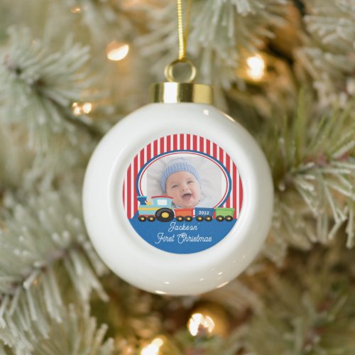 Baby Boy First Christmas Train Photo Ceramic Ornam Ceramic Ball Christmas Ornament