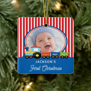 Baby Boy First Christmas Train Photo Ceramic Ornam Ceramic Ornament