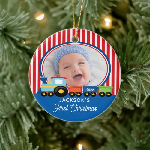 Baby Boy First Christmas Train Photo Ceramic Ornament
