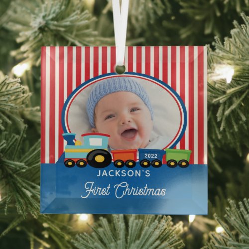Baby Boy First Christmas Train Photo Glass Ornament