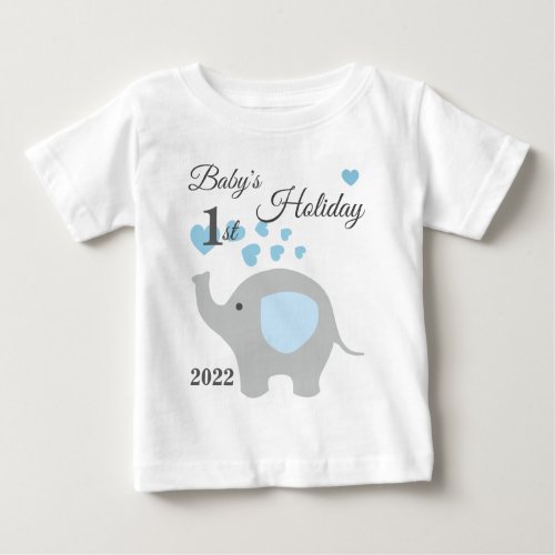 Baby Boy First Holiday Blue Elephant Keepsake Baby T_Shirt