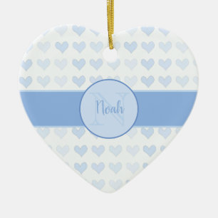 Baby Boy First Name Blue Monogram Heart Christmas Ceramic Ornament