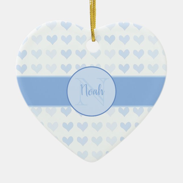 Baby Boy First Name Blue Monogram Heart Christmas Ceramic Ornament (Front)