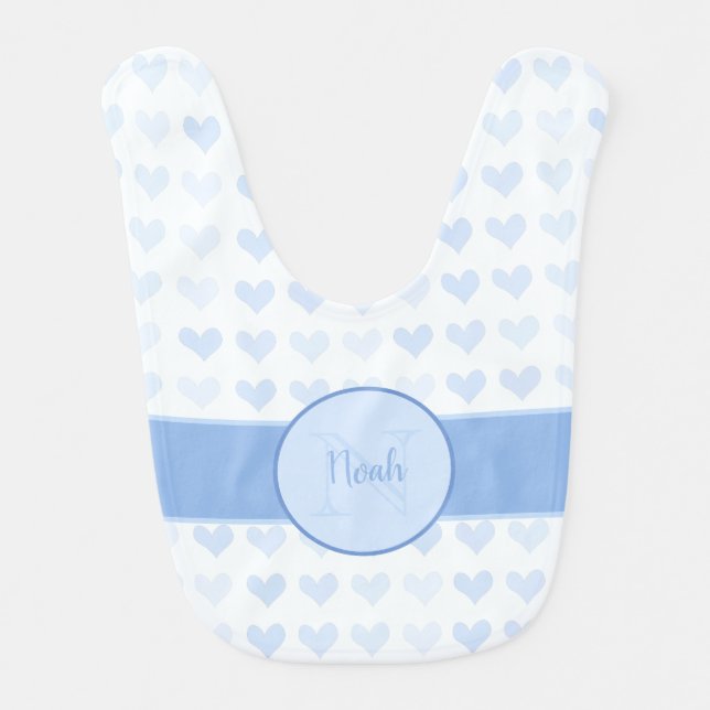 Baby Boy First Name Blue Monogram Heart Pattern Baby Bib (Front)