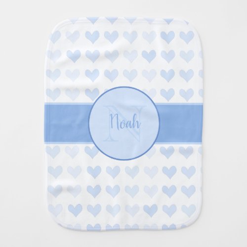 Baby Boy First Name Blue Monogram Heart Pattern Baby Burp Cloth