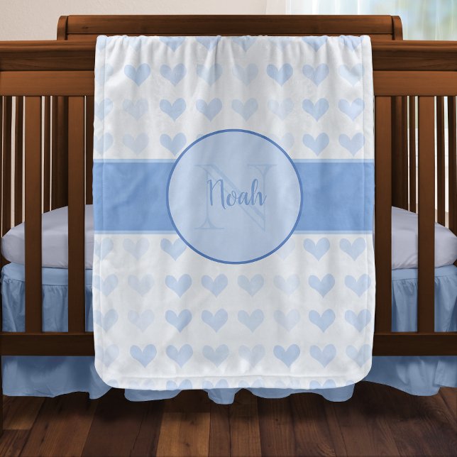 Baby Boy First Name Blue Monogram Heart Pattern Blanket (Creator Uploaded)
