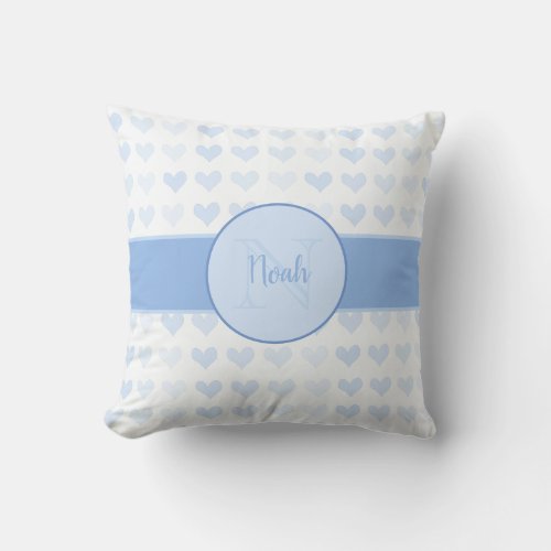 Baby Boy First Name Blue Monogram Heart Pattern Throw Pillow