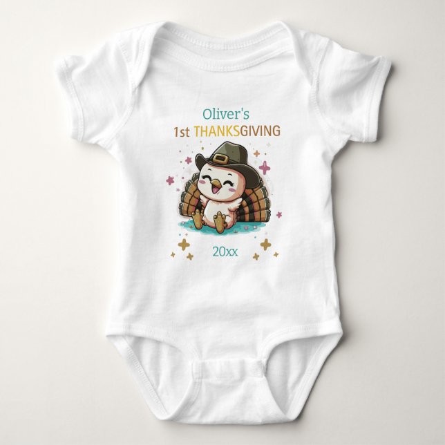 Baby Boy First Thanksgiving Custom Name Year  Bodysuit (Front)