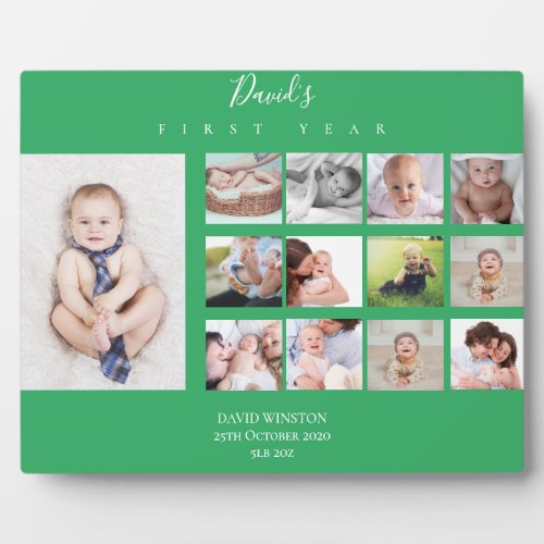 Baby Boy First Year Photo Collage 12 months Green Plaque