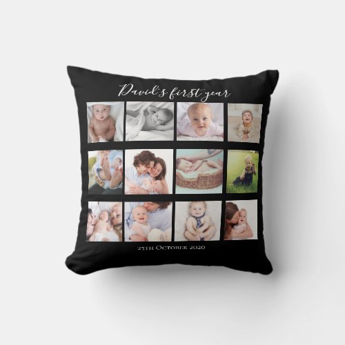 Baby Boy First Year Photo Collage Gift Black Throw Pillow