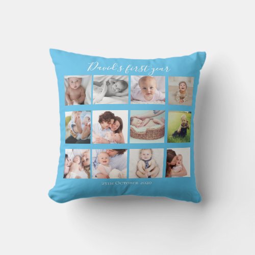 Baby Boy First Year Photo Collage Gift Blue Throw Pillow