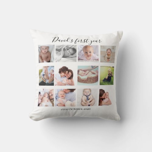 Baby Boy First Year Photo Collage Gift Custom Throw Pillow