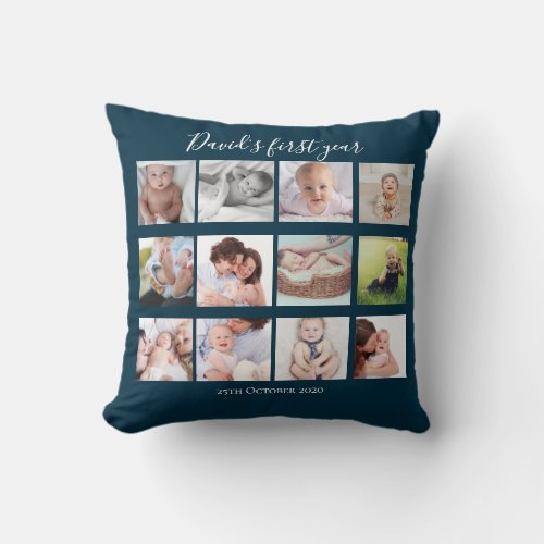 Baby Boy First Year Photo Collage Gift Navy Blue Throw Pillow