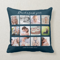 Baby Boy First Year Photo Collage Gift Navy Blue Throw Pillow