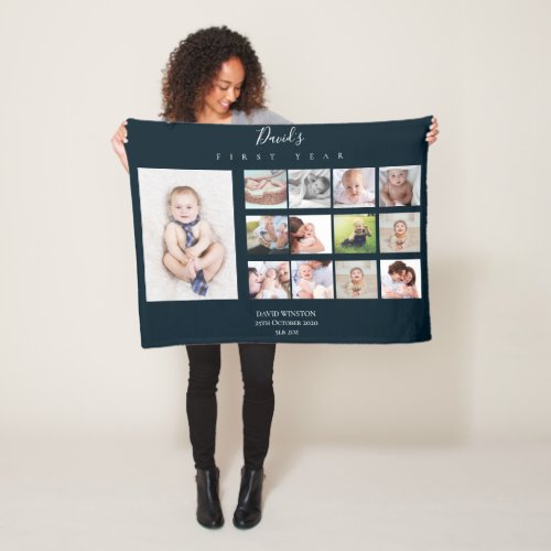 Baby Boy First Year Photo Collage Keepsake Navy Fleece Blanket