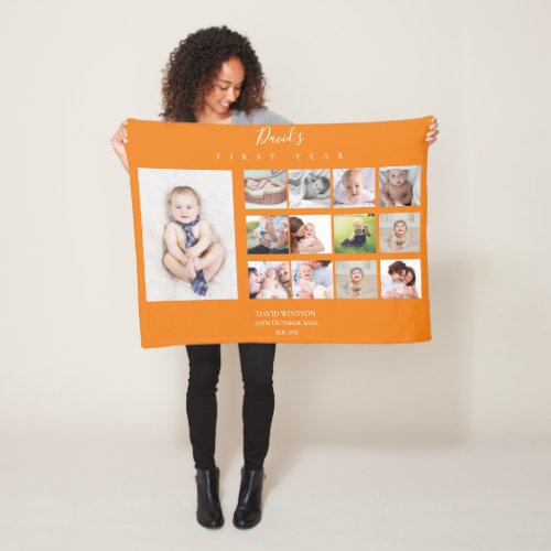 Baby Boy First Year Photo Collage Keepsake Orange Fleece Blanket