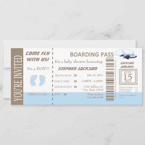 Baby Boy Flight Ticket Invitation Customizable