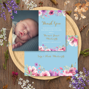 Baby Boy Floral Script Photo Thank You Birth Announcement Postcard