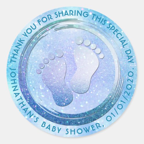 Baby Boy Footprint Glittering  Baby Shower Favor Classic Round Sticker
