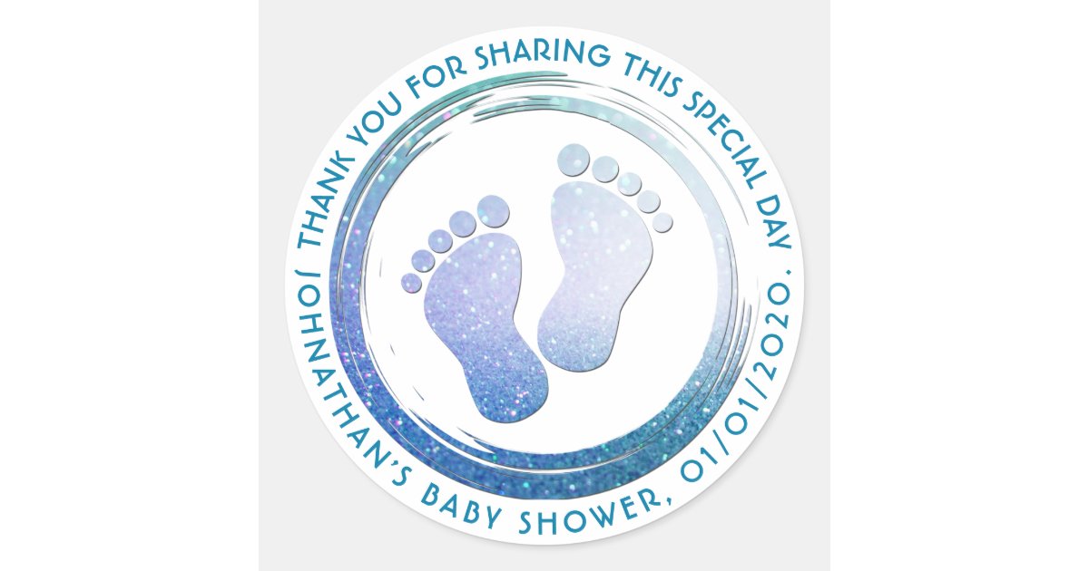 Baby Boy Footprint Glittering Baby Shower Favor Classic Round Sticker ...