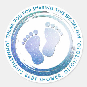 Baby Boy Footprint Glittering Baby Shower Favor Classic Round Sticker