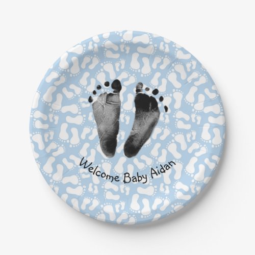 Baby Boy Footprint on Blue Paper Plates