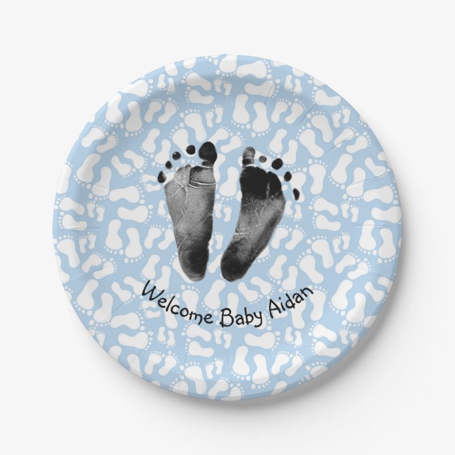 Baby Boy Footprint on Blue Paper Plates (Front)