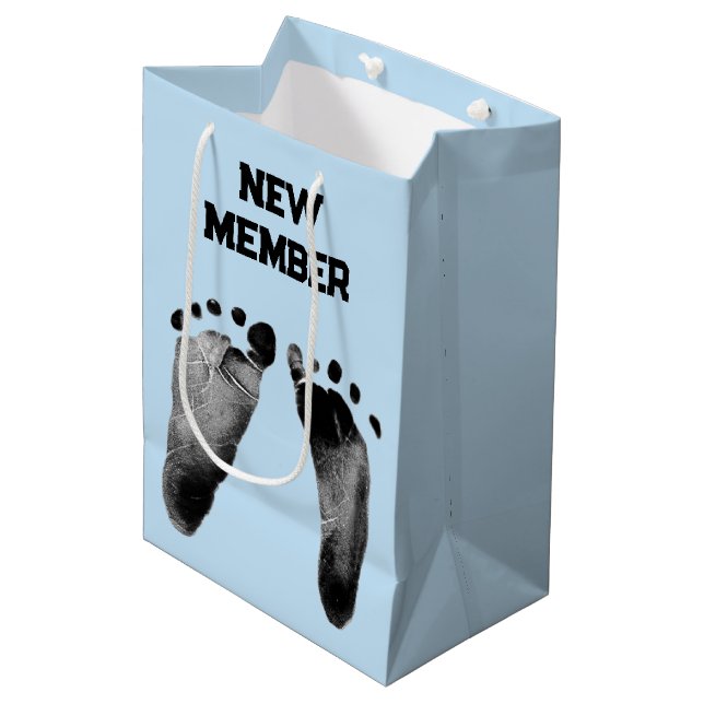 Baby Boy Footprints on Blue Medium Gift Bag (Front Angled)