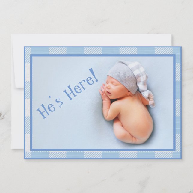 Baby Boy Gingham Modern Photo Birth Announcement (Front)