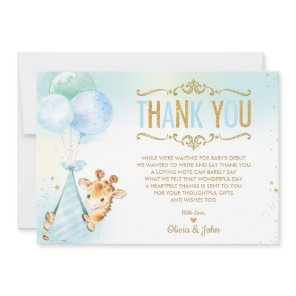Baby Boy Giraffe Balloons Baby Shower Sprinkle Thank You Card