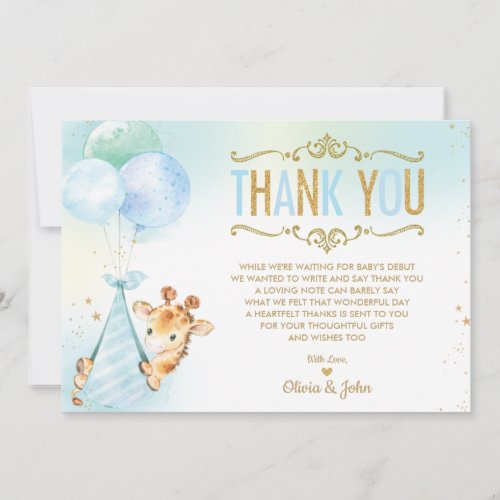 Baby Boy Giraffe Balloons Baby Shower Sprinkle Thank You Card