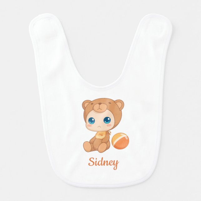 Baby Boy Girl Bear Jumpsuit, Custom Name Baby Bib (Front)