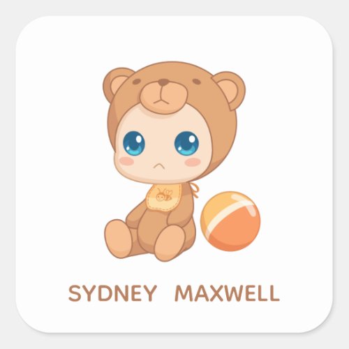 Baby Boy Girl Bear Jumpsuit Custom Name Square Sticker