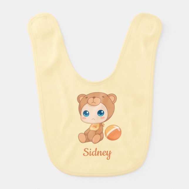Baby Boy Girl Bear Jumpsuit, Custom Name Yellow Baby Bib (Front)