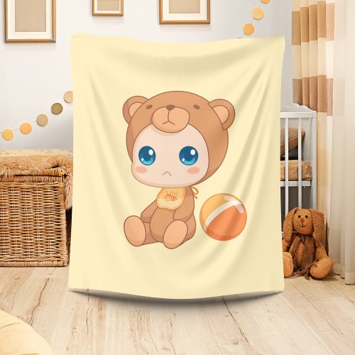 Baby Boy Girl Bear Jumpsuit on Yellow Fleece Blanket