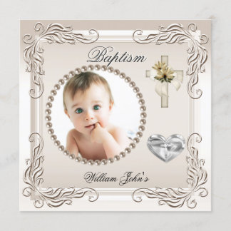 Baby Boy Girl Beige Cream Christening Baptism Announcement