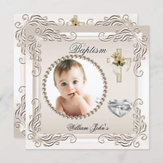 Baby Boy Girl Beige Cream Christening Baptism Invitation