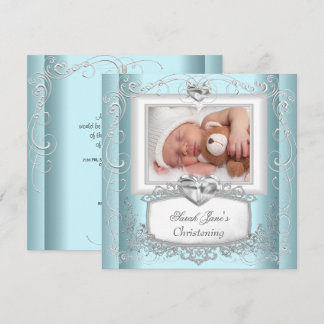 Baby Boy Girl Blue Christening Baptism Cross White Invitation