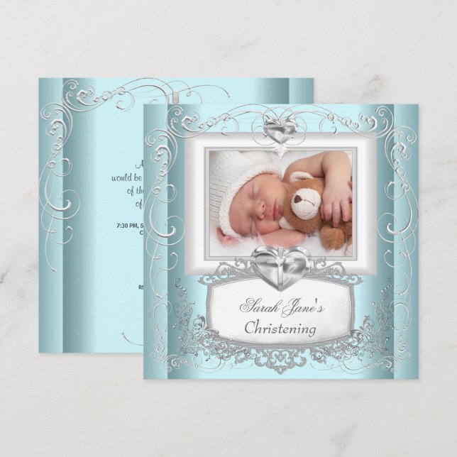 Baby Boy Girl Blue Christening Baptism Cross White Invitation (Front/Back)