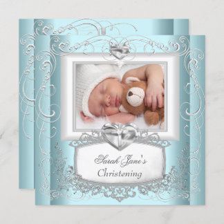 Baby Boy Girl Blue Christening Baptism Cross White Invitation