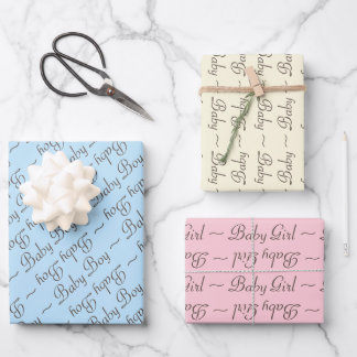 Baby Boy Girl Blue Yellow Pink Typography Pattern Wrapping Paper Sheets