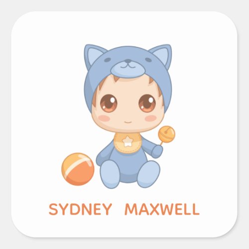 Baby Boy Girl Cat Jumpsuit Custom Name Square Sticker