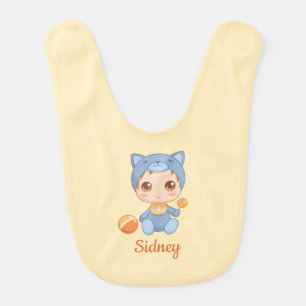 Baby Boy Girl Cat Jumpsuit, Custom Name Yellow Baby Bib