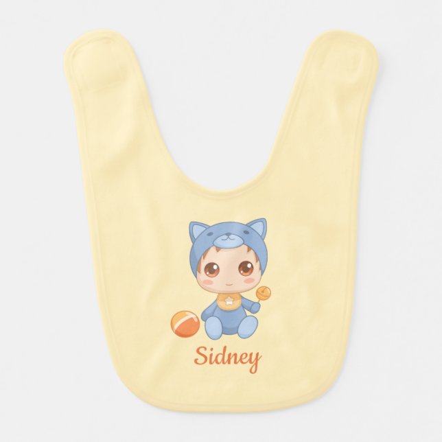 Baby Boy Girl Cat Jumpsuit, Custom Name Yellow Baby Bib (Front)