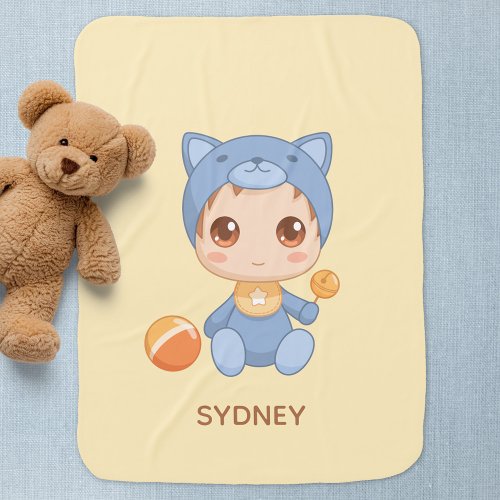 Baby Boy Girl Cat Jumpsuit Custom Name Yellow Baby Blanket