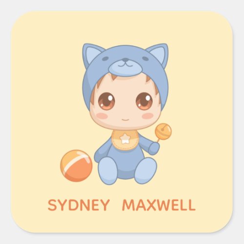 Baby Boy Girl Cat Jumpsuit Custom Name Yellow Square Sticker