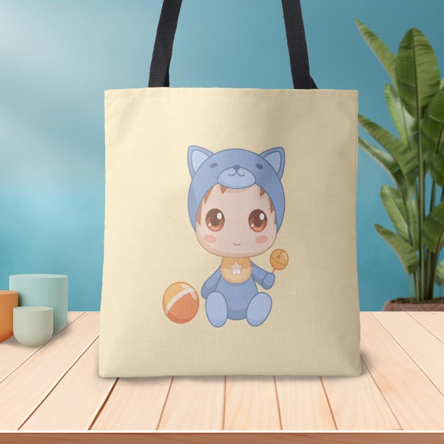 Baby Boy Girl Cat Jumpsuit on Yellow Tote Bag (Creator Uploaded)