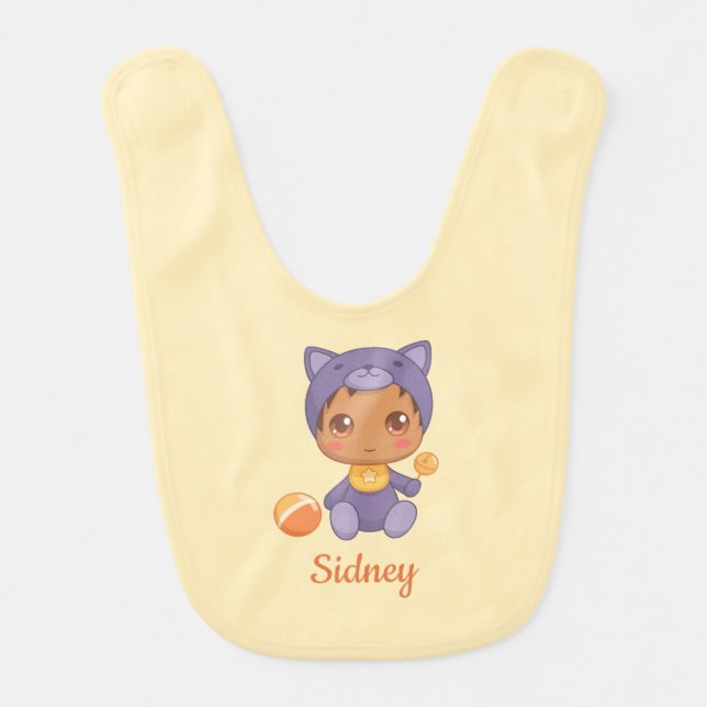 Baby Boy Girl Cat Jumpsuit Yellow Dark Baby Bib (Front)